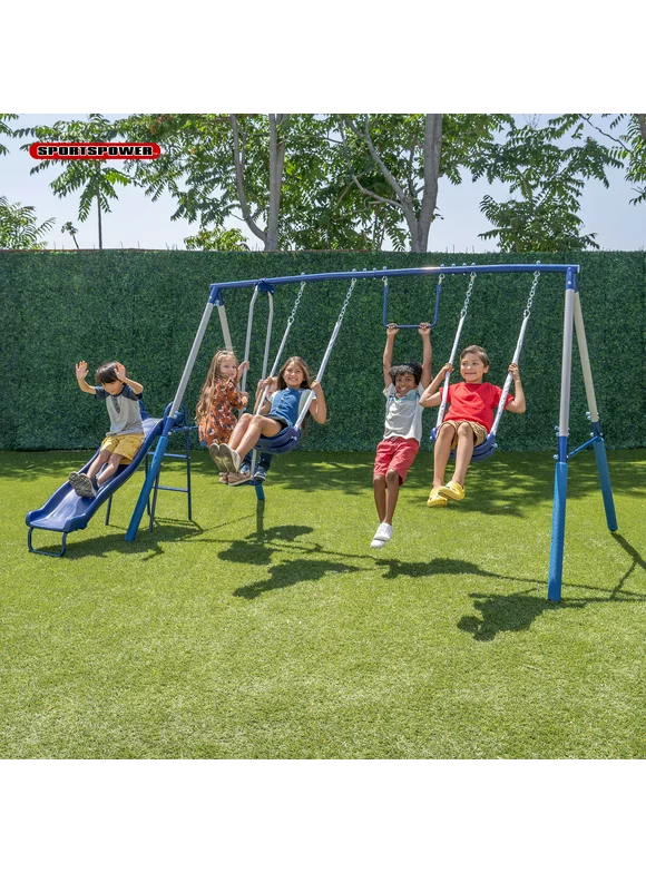 Sportspower Arcadia Metal Swing Set with Trapeze, 2 Person Glider Swing, and 5' Double Wall Slide with Lifetime Warranty