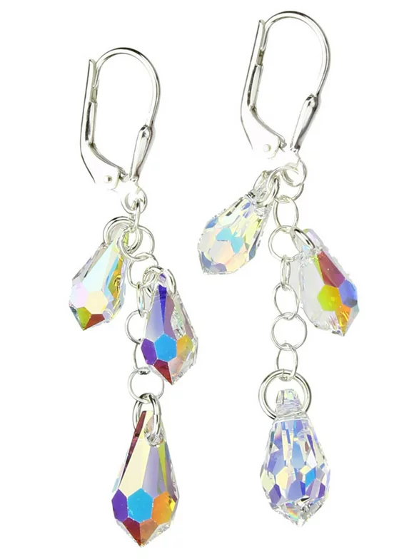 Sterling Silver Earrings Aurora Borealis Multi-Teardrop Made with Swarovski Crystals