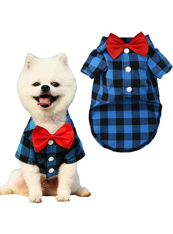 TELOLY Stibadium Plaid Dog Shirt with Bow Tie Boy Pet Clothes Gentle Puppy Cat Collar Shirts Birthday Party Holiday Wedding Costume Outfit