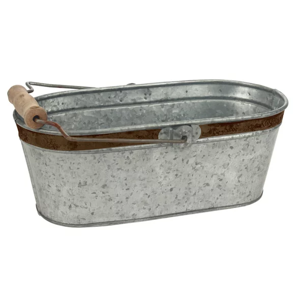 Stonebriar 12" x 7.2" Solid Galvanized Metal Decorative Oval Bucket with Handle, Gray