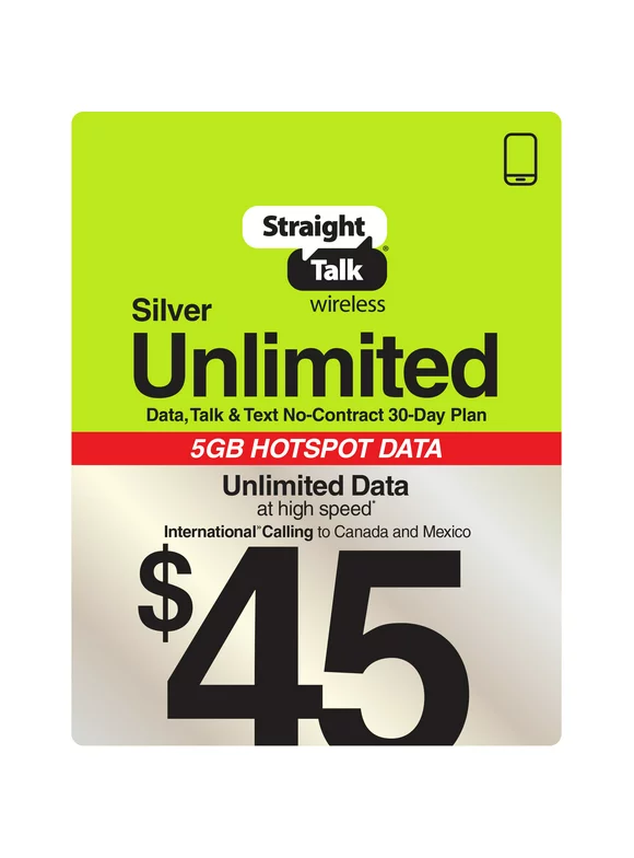 Straight Talk $45 Silver Unlimited 30-Day Prepaid Plan + 5GB Hotspot Data + Int'l Calling e-PIN Top Up (Email Delivery)