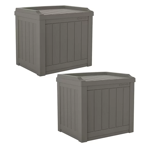 Suncast 22 Gal Outdoor Patio Small Deck Box w/ Storage Seat, Stone (2 Pack)
