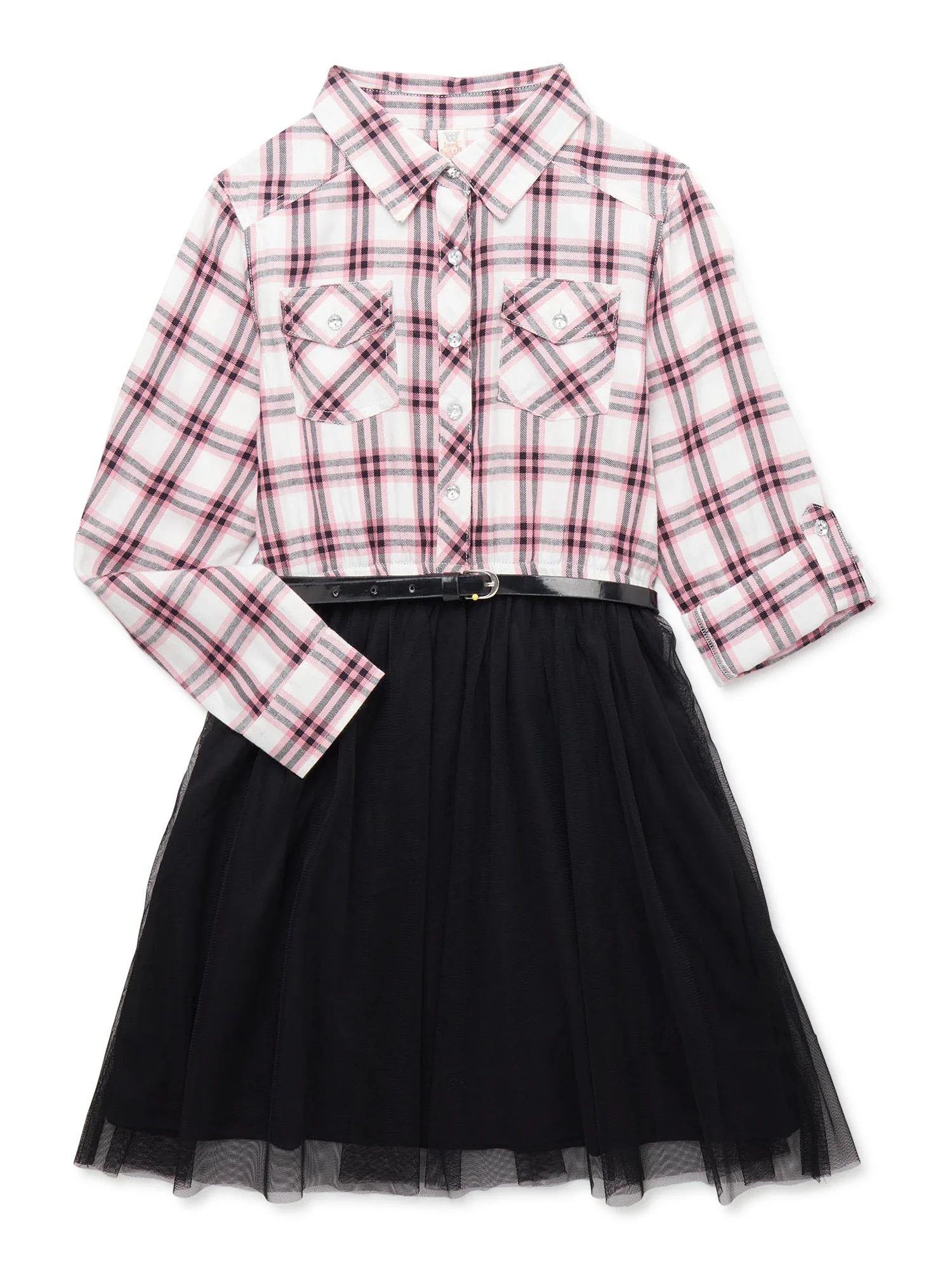 Sweet Butterfly Girls Long Sleeve Plaid and Tulle Dress, Sizes 4-16