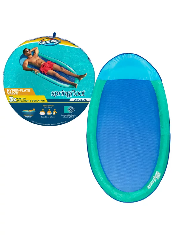 SwimWays Spring Float Inflatable Pool Lounger with Hyper-Flate Valve, Aqua