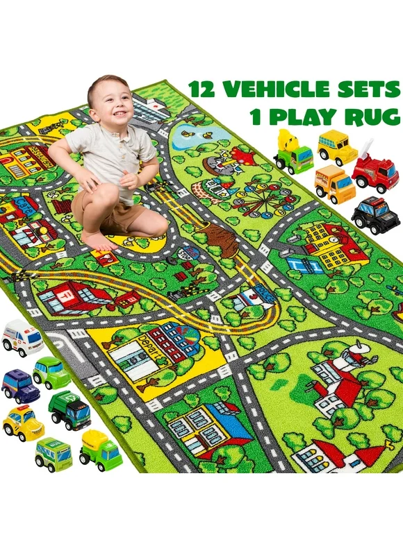Syncfun Kids Play Rug for Playroom, Car Play Tummy Time Mat for Toddlers, Community Pretend Play