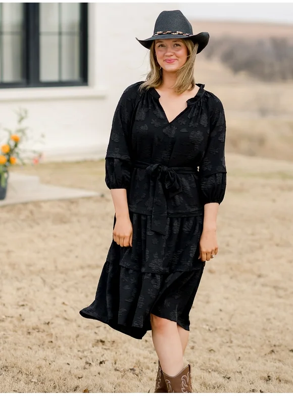The Pioneer Woman 3/4 Sleeve Tiered Ruffle Midi Dress, Sizes S-3X, Women’s