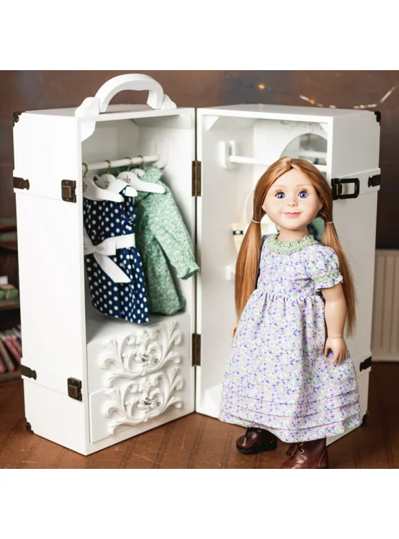 The Queen's Treasures 18 Inch Doll Clothes Storage Case Furniture, Fully Assembled White Wooden Trunk Includes Vanity, Stool, Hangers, Compatible For Use With American Girl Dolls, Clothes & Shoes