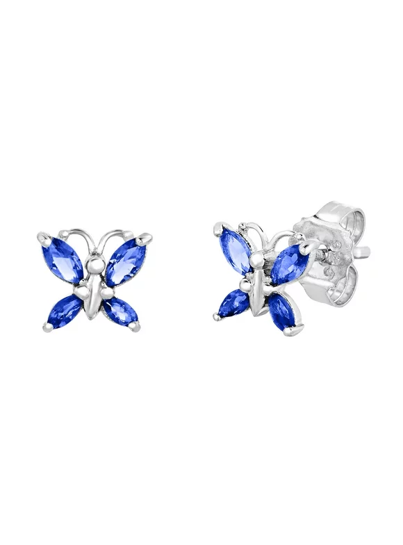 Tilo Sterling Silver Tiny Cz Butterfly Stud Earrings Push backs, Birthstone Simulated Sapphire 7mm (September)