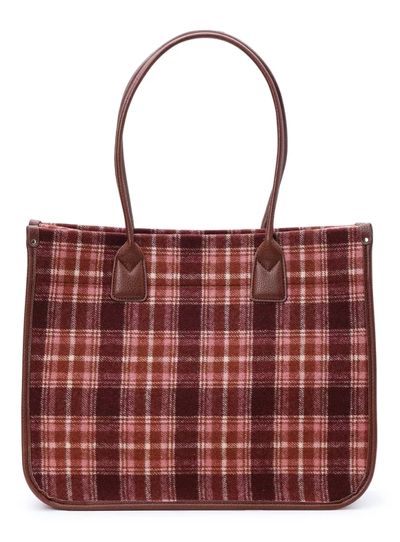Time and Tru Women's Plaid Tote Bag, Rich Red