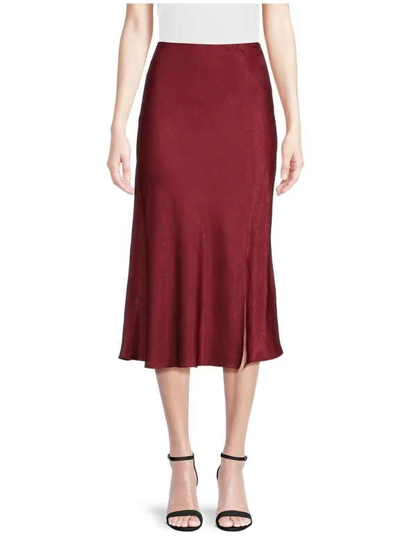 Time and Tru Women's Satin Midi Skirt with Side Slit, Sizes XS-XXXL