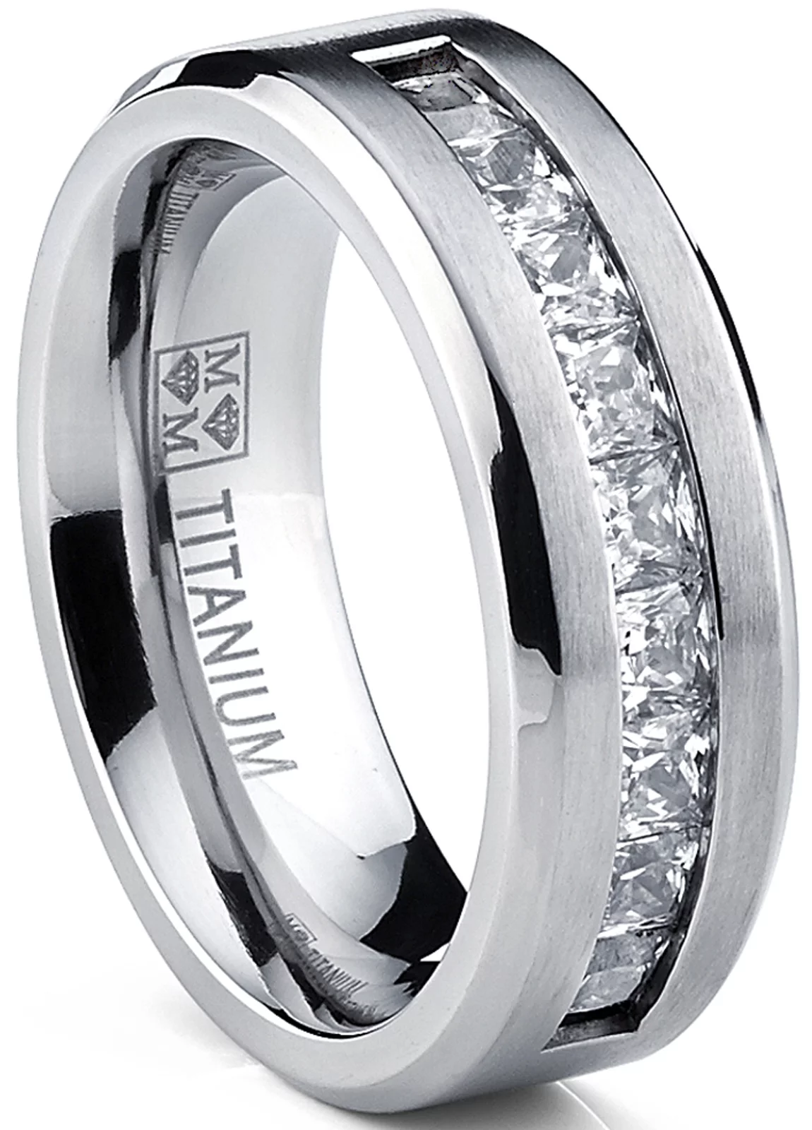 Metal Masters Titanium Men's .9Ct Wedding Band Engagement Ring 9 large Princess Cut Cubic Zirconia