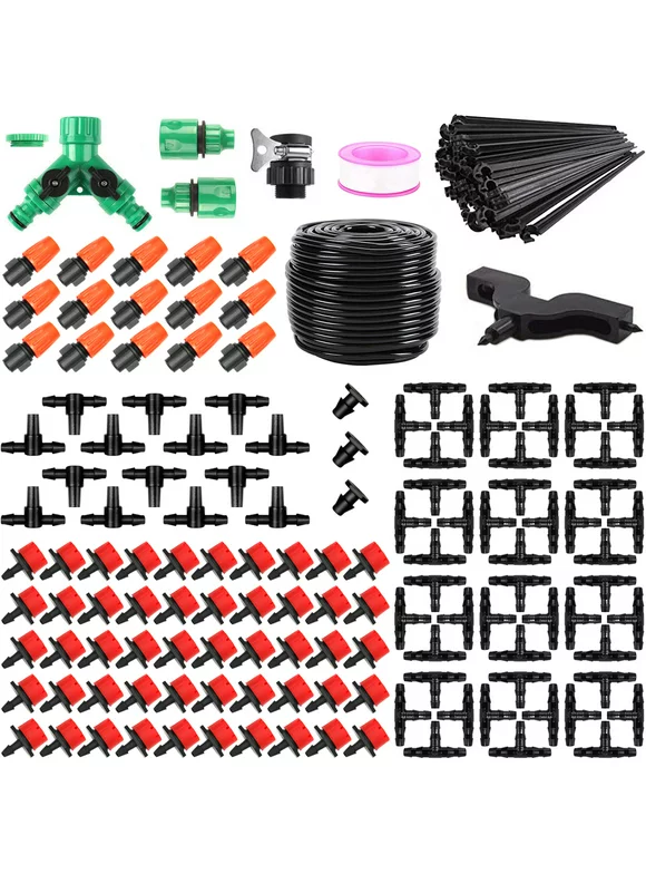 Tivddikun Drip Irrigation Kit, 165FT/50M Garden Automatic Irrigation System, 1/4" Blank Distribution Tubing Hose Adjustable Nozzle, Plant Watering Kit for Garden, Patio, Greenhouse, Flower Bed
