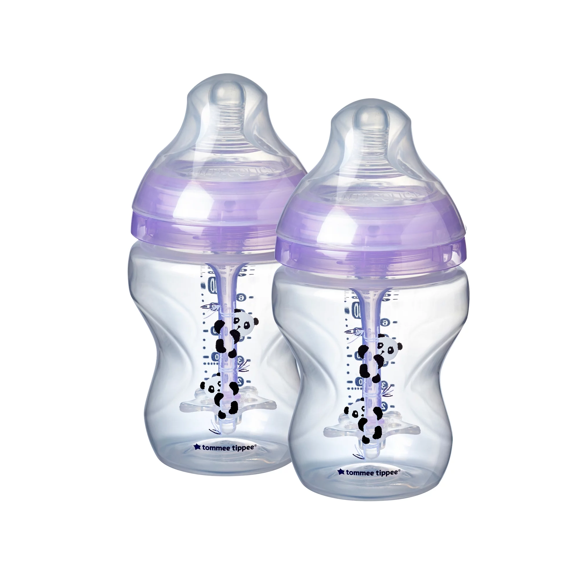 Tommee Tippee Anti-Colic Baby Bottles | Slow Flow Breast-Like Nipple and Unique Anti-Colic Venting System | Purple Pandas (9oz, 2 Count)