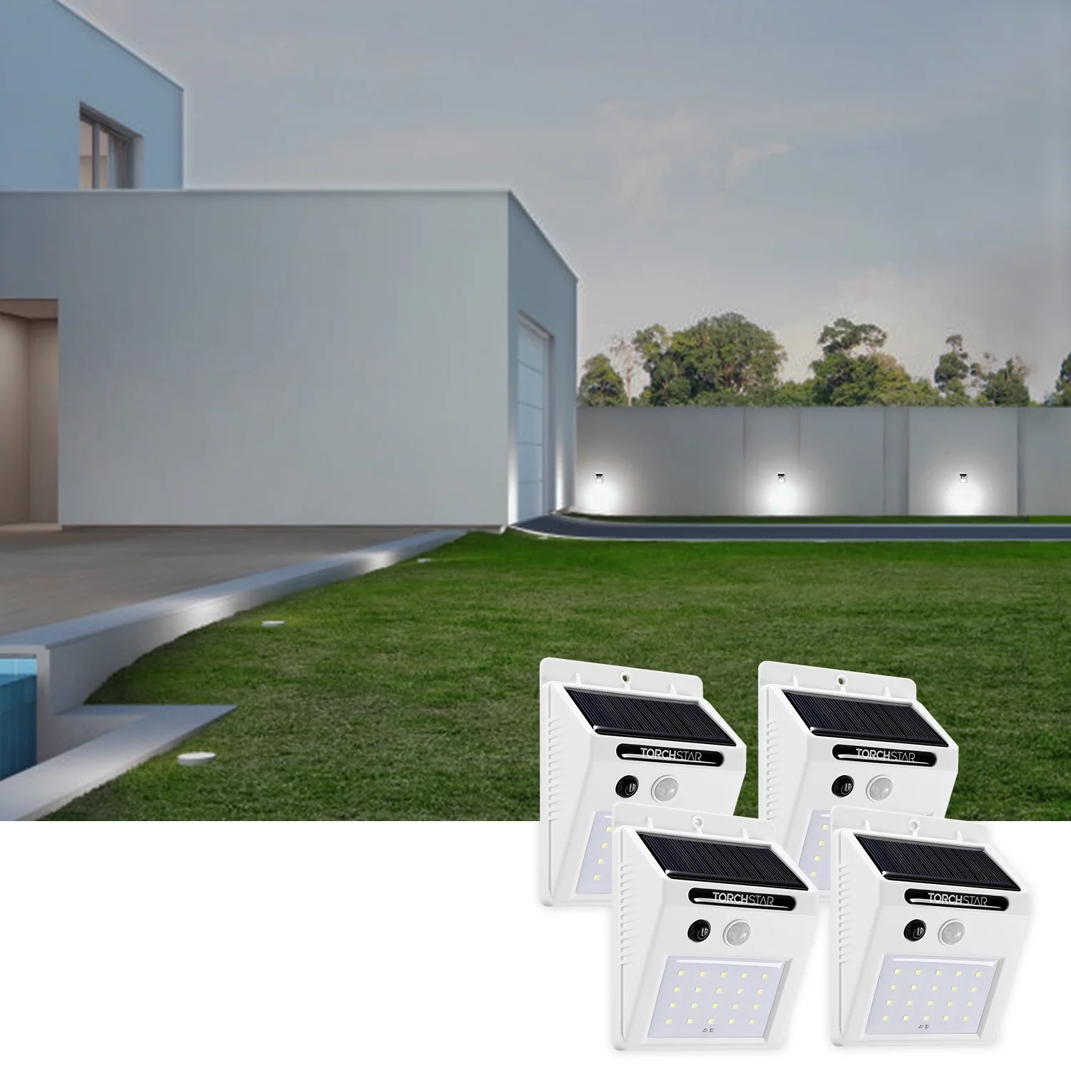 TorchStar Solar Patio Security Lights, Motion Sensor Deck Light Wireless Outdoor Wall Lighting, for Garden, Yard,  Fence, Pack Of 4