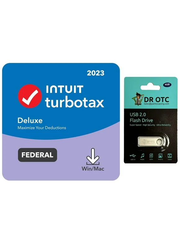 TurboTax Deluxe 2023 Tax Software - Federal Return & Federal E-File - Download BONUS FREE Dr OTC USB Drive 4GB