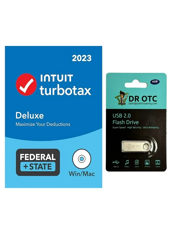 TurboTax Deluxe 2023 Tax Software - Federal & State Tax Return - Physical Disk & Download - BONUS FREE Dr OTC USB Drive 4GB