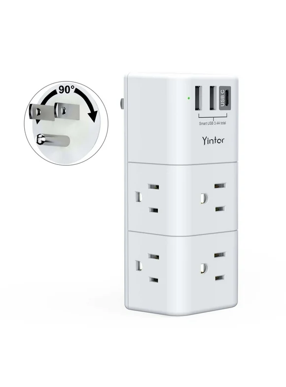 USB Wall Outlet Expander Surge Protector, Multi Plug Outlet,YINTAR Outlet Splitter with 3 USB(2U+1C), 6 Outlet Extender with Rotating Plug, 900 Joules.