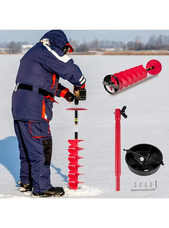 VEVOR Ice Drill Auger, 6'' Diameter Nylon Ice Auger, 39'' Length Ice Auger Bit,Auger Drill with 11.8" Extension Rod,Auger Bit w/ Drill Adapter,Top Plate & Blade Guard for Ice Fishing Ice Burrowing Red