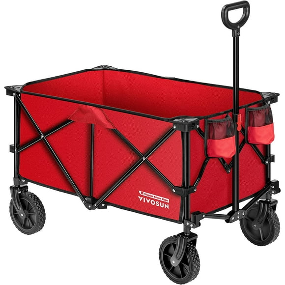 VIVOSUN Collapsible Wagon Cart, Foldable Camping Cart with Universal Wheels & Adjustable Handle, 600D Oxford Fabric, 176 Lbs Capacity, Red