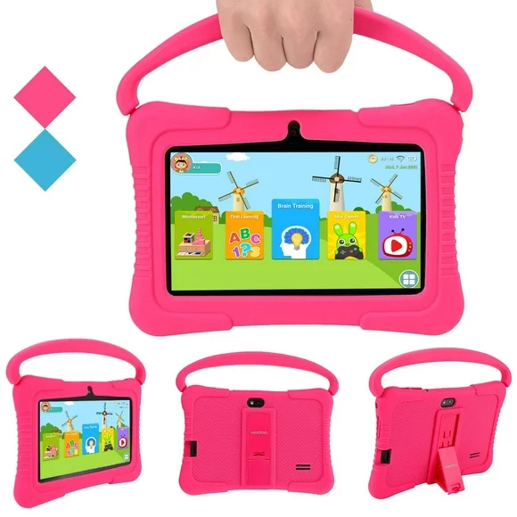 Veidoo Kids Tablet, 32GB Storage WiFi 7 inch Android Tablet for Toddler, 7’’ IPS HD Display, Learning Tablet with IWAWA App, Children's Tablet with Silicone Case (Pink)