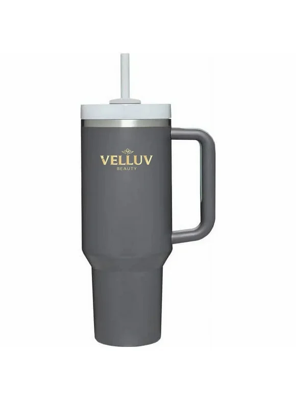 Velluv 40 oz Tumbler with Handle and 2 Straws,2 in 1 Lid Insulated Water Bottle Stainless Steel Travel Coffee Mug (Charcoal)
