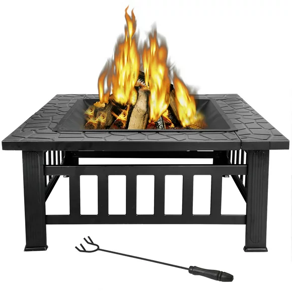ZenStyle 32" Square Wood Black Finish Steel Fire Pit