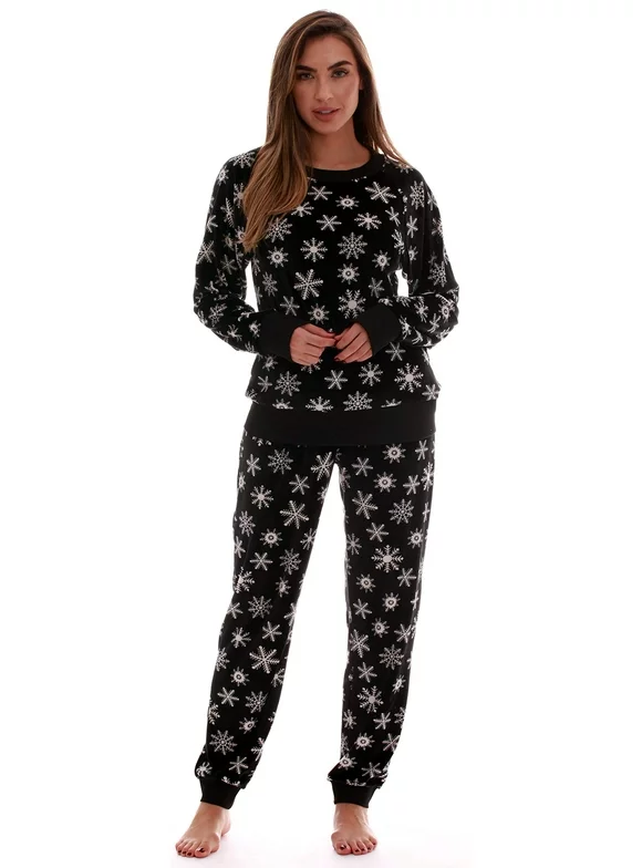 #followme Women’s Jogger Pajama Pants Set Ultra-Soft Velour PJs (Black - Snowflake, Medium)