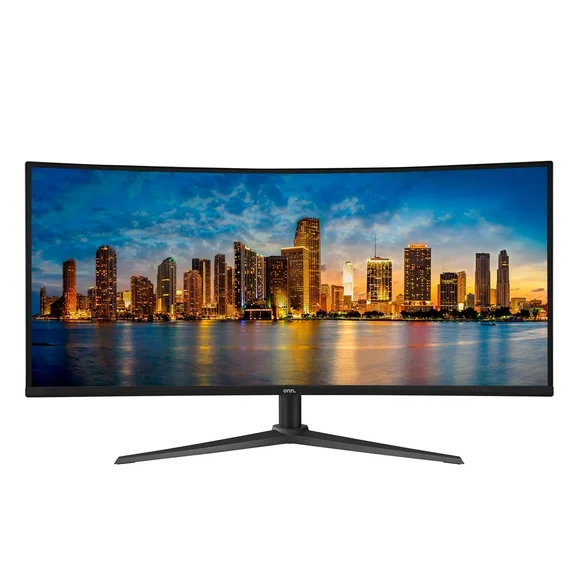 onn. 34" Curved Ultrawide WQHD (3440 x 1440p) 100Hz Bezel-Less Office Monitor with Cable, Black